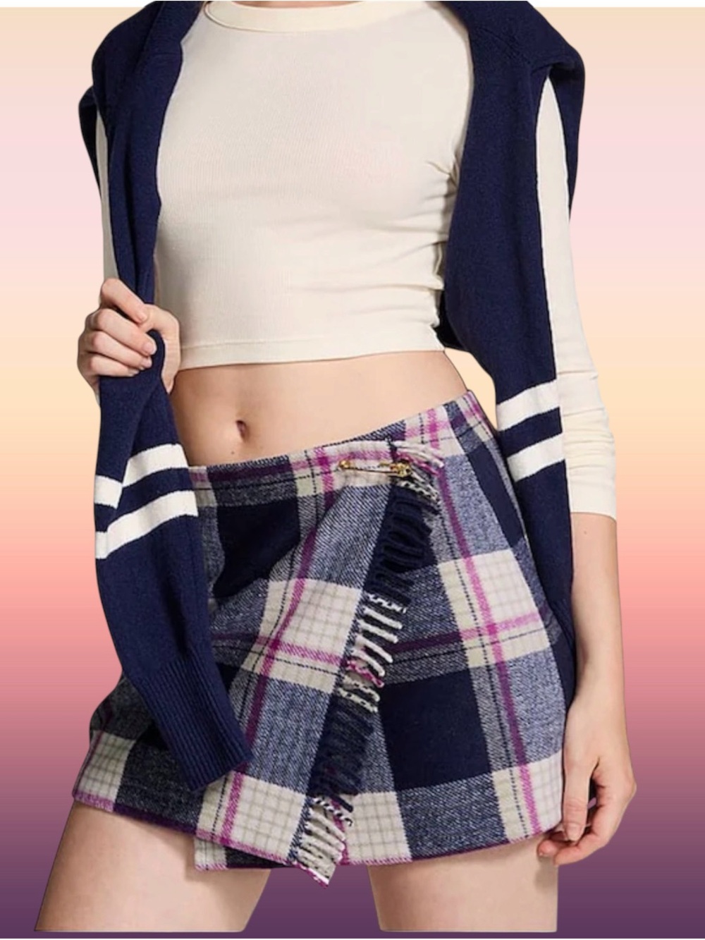 NEW VS PINK Midnight Navy Blue Tartan Fringe Mini Skirt